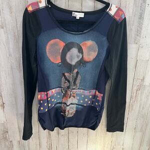 Y2K Yellow Hair Mouse Quirky Graphic Novelty Long Sleeve Shirt Womens Medium